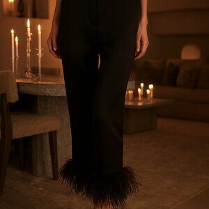 Kate Spade Black Satin Pants with Feather Trim